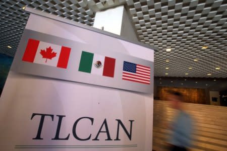 A NAFTA banner is seen during the fifth round of NAFTA talks involving the United States, Mexico and Canada, in Mexico City, Mexico, November 18, 2017. REUTERS/Edgard Garrido