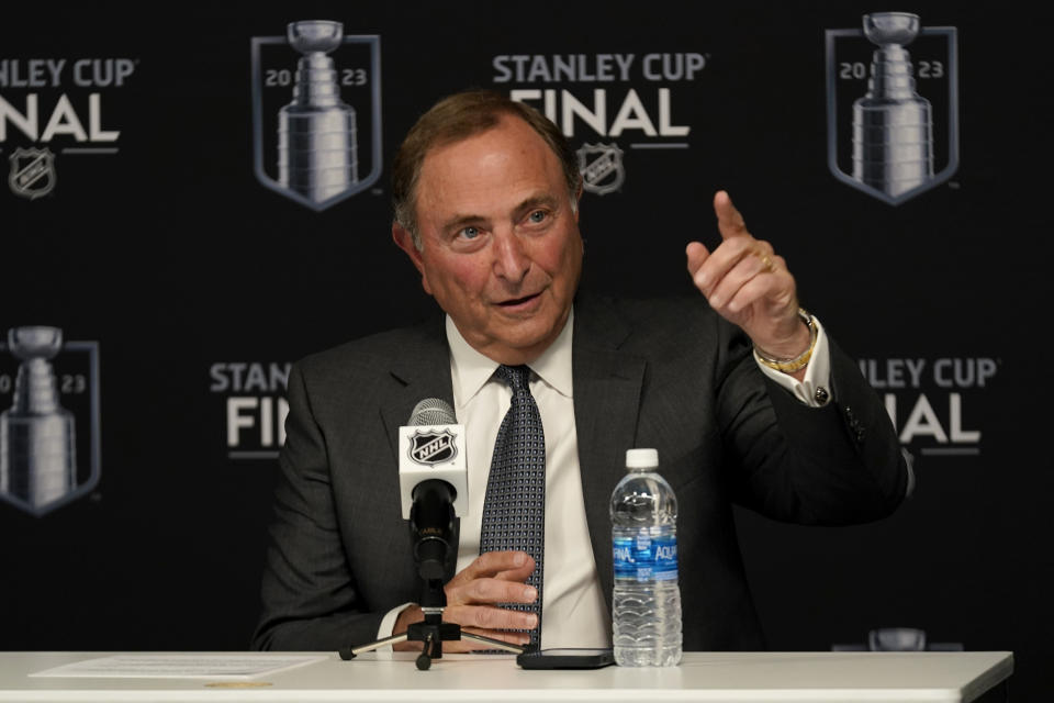 NHL commissioner Gary Bettman speaks prior to Game 1 of the NHL hockey Stanley Cup Finals between the Florida Panthers and the Vegas Golden Knights, Saturday, June 3, 2023, in Las Vegas. (AP Photo/Abbie Parr)