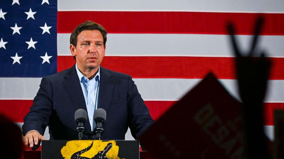 Florida Governor Ron DeSantis speaks during a 'Unite and Win' event as he campaigns for re-electionon the eve of the US midterm elections, at Hialeah Park Clubhouse, in Hialeah, Fla, on Nov 7, 2022. (Eva Marie Uzcategui/AFP via Getty Images)