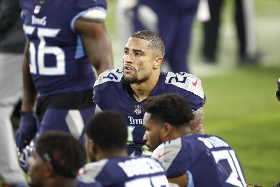 Tennessee Titans strong safety Kenny Vaccaro (24) sits on the sideline in the second half of an NFL football game against the Indianapolis Colts Thursday, Nov. 12, 2020, in Nashville, Tenn. (AP Photo/Wade Payne)
