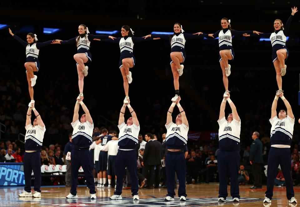 NEW YORK, NY - NOVEMBER 15: The Villanova Wildcats cheer squad performs during a time out in the first half against the Purdue Boilermakers during the 2012 2K Sports Classic on November 15, 2012 at Madison Square Garden in New York City. (Photo by Elsa/Getty Images)