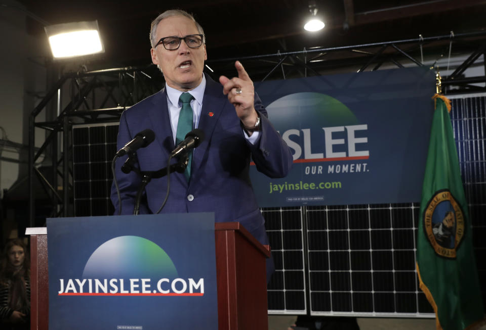 FILE - In this March 1, 2019 file photo, Washington Gov. Jay Inslee speaks during a campaign event at A&R Solar in Seattle where he announced that he will seek the 2020 Democratic presidential nomination. Inslee, who made fighting climate change the central theme of his presidential campaign, announced Wednesday night, Aug. 21, 2019, that he is ending his bid for the 2020 Democratic nomination. Inslee announced his decision on MSNBC, saying it's become clear that he won't win. (AP Photo/Ted S. Warren, File)