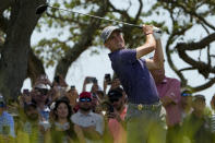 Justin Thomas watches his tee shot on the seventh hole during a practice round at the PGA Championship golf tournament on the Ocean Course Tuesday, May 18, 2021, in Kiawah Island, S.C. (AP Photo/David J. Phillip)