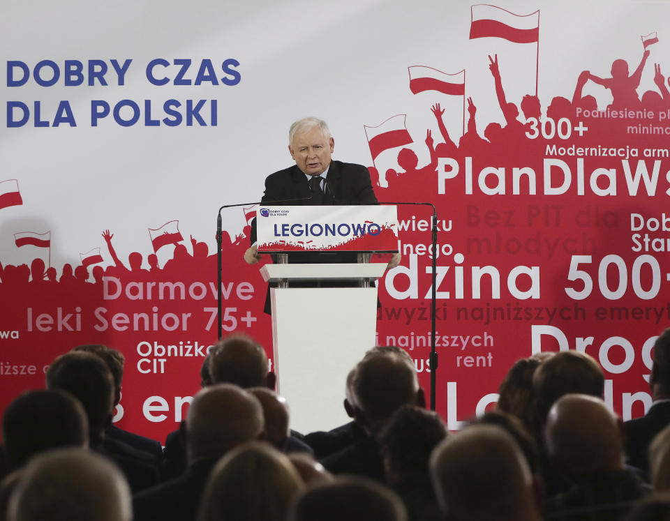 In this photo taken Thursday Sept. 26, 2019 Poland's ruling right-wing party leader Jaroslaw Kaczynski speaks at a convention in Legionowo, Poland, ahead of Sunday parliamentary election in which his Law and Justice party is hoping to win a second term in power. (AP Photo/Czarek Sokolowski)