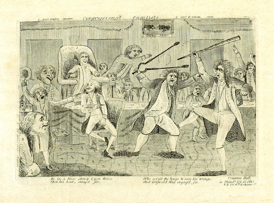 Illustration of a fight on the floor of Congress between Representative Matthew Lyon of Vermont and Representative Roger Griswold of Connecticut, 1798. <span class="copyright">The New York Historical Society/Getty Images</span>