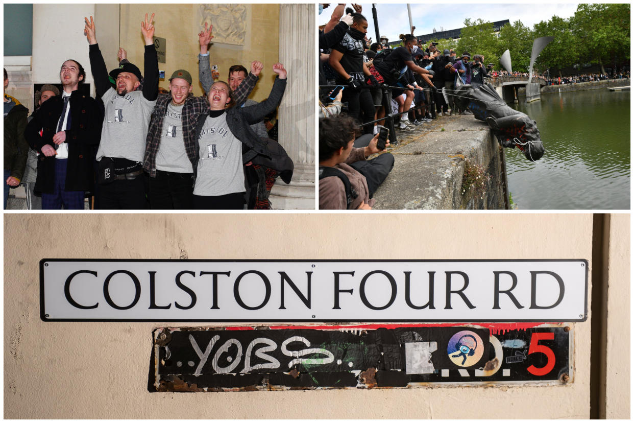 Colston Road in Bristol has been unofficially renamed after Sage Willoughby, Jake Skuse, Milo Ponsford and Rhian Graham (top left) who were cleared of criminal damage for pulling down a statue of slave trader Edward Colston (top right). (PA)