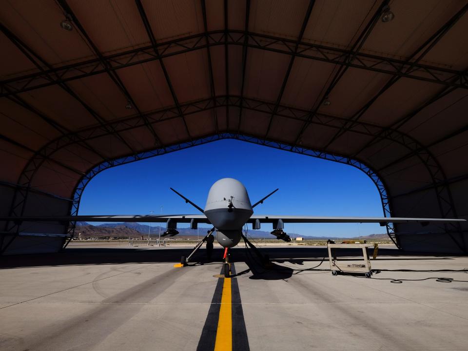 A U.S. Air Force MQ-9 Reaper drone sits in a hanger at Creech Air Force Base