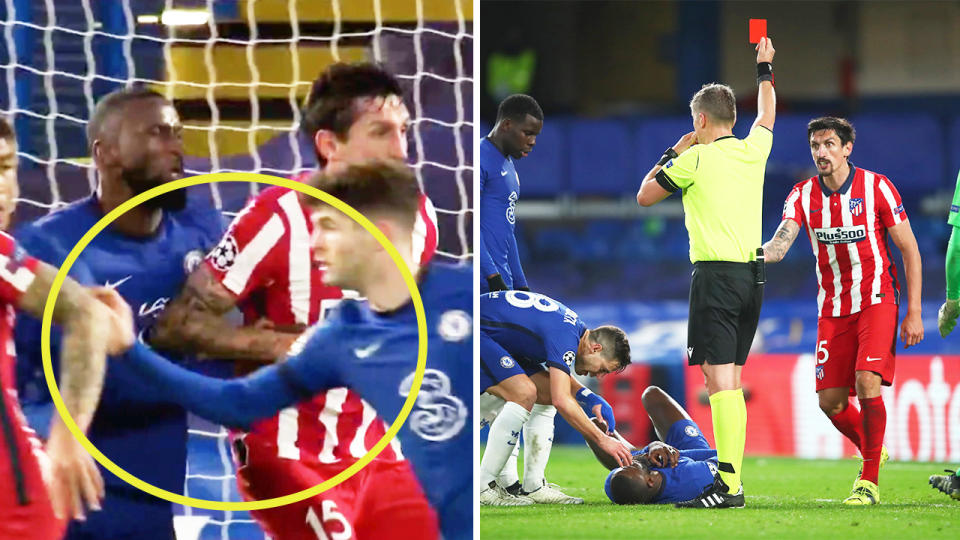 Stefan Savic elbowing Antonio Rudiger (pictured left) and reacting after being handed a red card by the referee (pictured right).