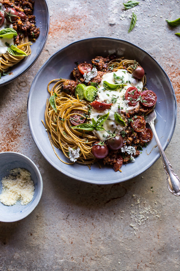 <strong>Get the <a href="http://www.halfbakedharvest.com/20-minute-heirloom-tomato-basil-chicken-parmesan-bolognese/" target="_blank">Heirloom Tomato Basil Chicken Parmesan Bolognese recipe</a> from Half Baked Harvest</strong>