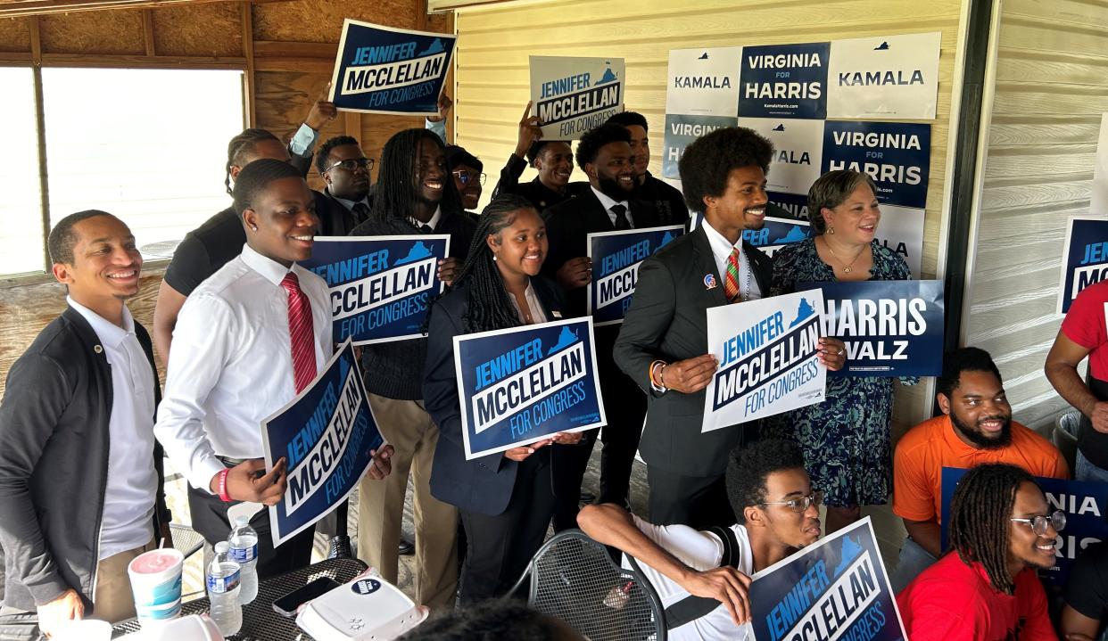 Virginia State University students join Tennessee state Rep. Justin Pearson and Rep. Jennifer McClellan, D-Virginia, at a small gathering Sept. 5, 2024, at Ettrick Deli.