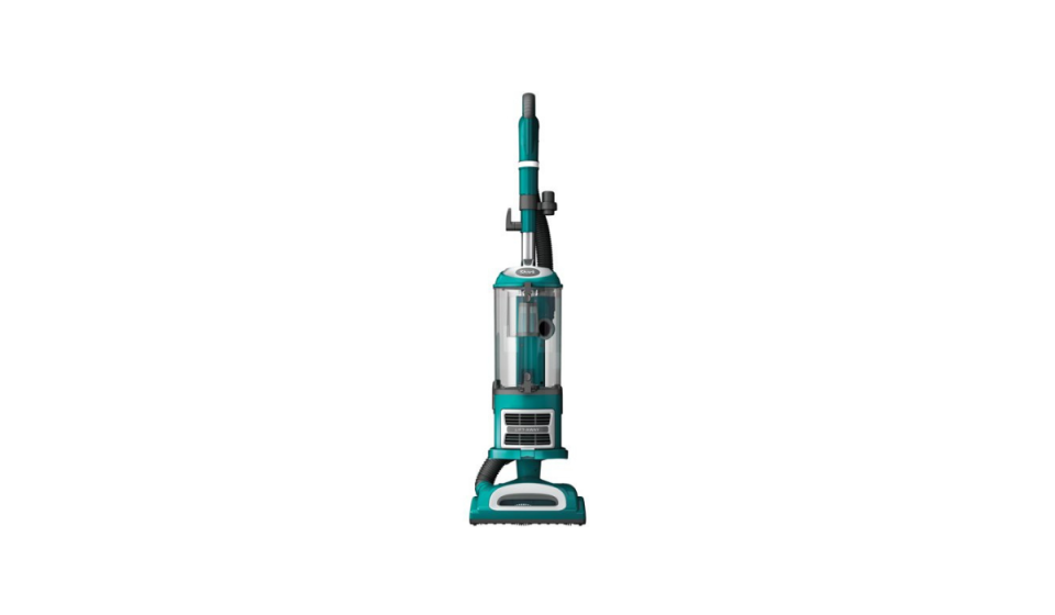 Teal upright vacuum with large-capacity canister and removable wand. 
