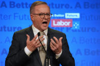 Labor Party leader Anthony Albanese speaks to supporters at a Labor Party event in Sydney, Australia, Sunday, May 22, 2022, after Prime Minister Scott Morrison conceding defeat to Albanese in a federal election. (AP Photo/Rick Rycroft)