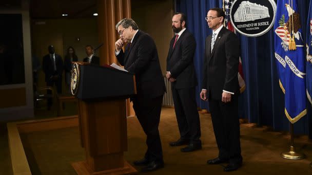 PHOTO: US Attorney General William Barr speaks about the release of the Mueller Report at the Department of Justice in Washington, April 18, 2019. (Brendan Smialowski/AFP via Getty Images, FILE)