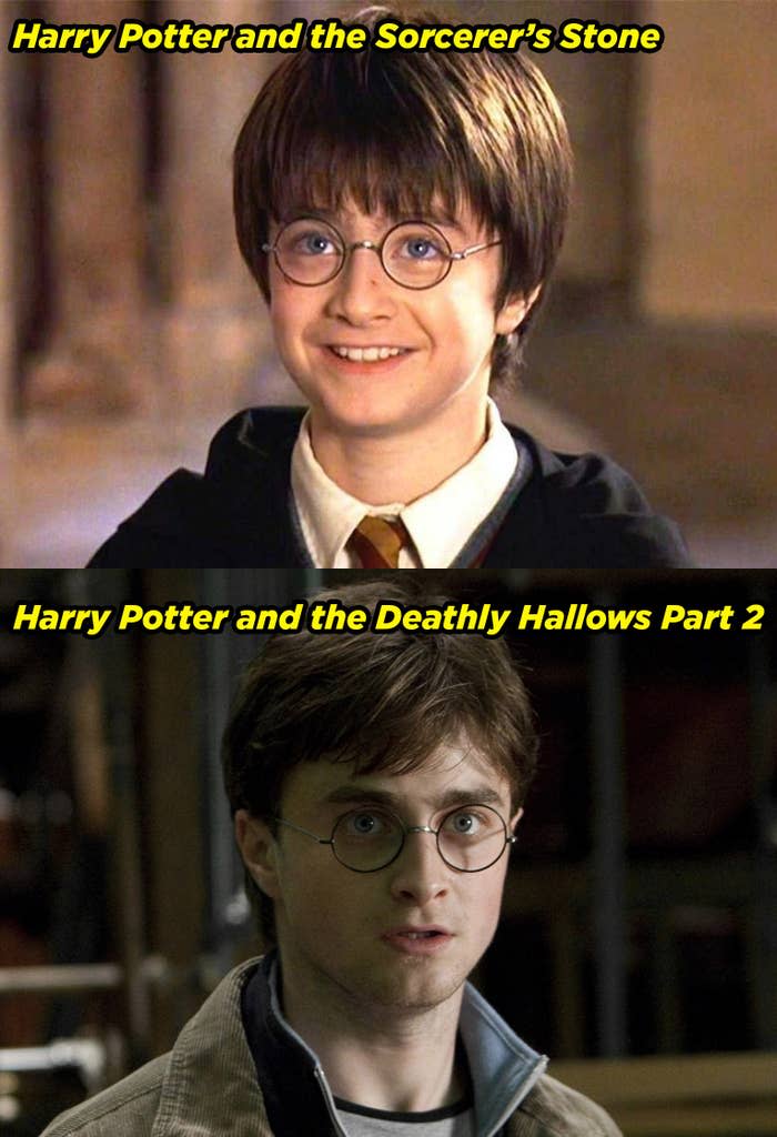 Daniel Radcliffe as a child in the Sorcerer's Stone and teenager in Deathly Hallows Part 2
