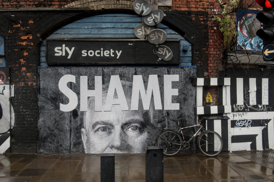 LONDON, ENGLAND - JULY 01: A mural of Prince Andrew, Duke of York is seen in Shoreditch on July 1, 2020 in London, England. The prince has come under increased scrutiny over his relationship with deceased sex offender Jeffrey Epstein and British socialite Ghislaine Maxwell, who was arrested by the FBI on July 2, 2020. (Photo by Guy Smallman/Getty Images)