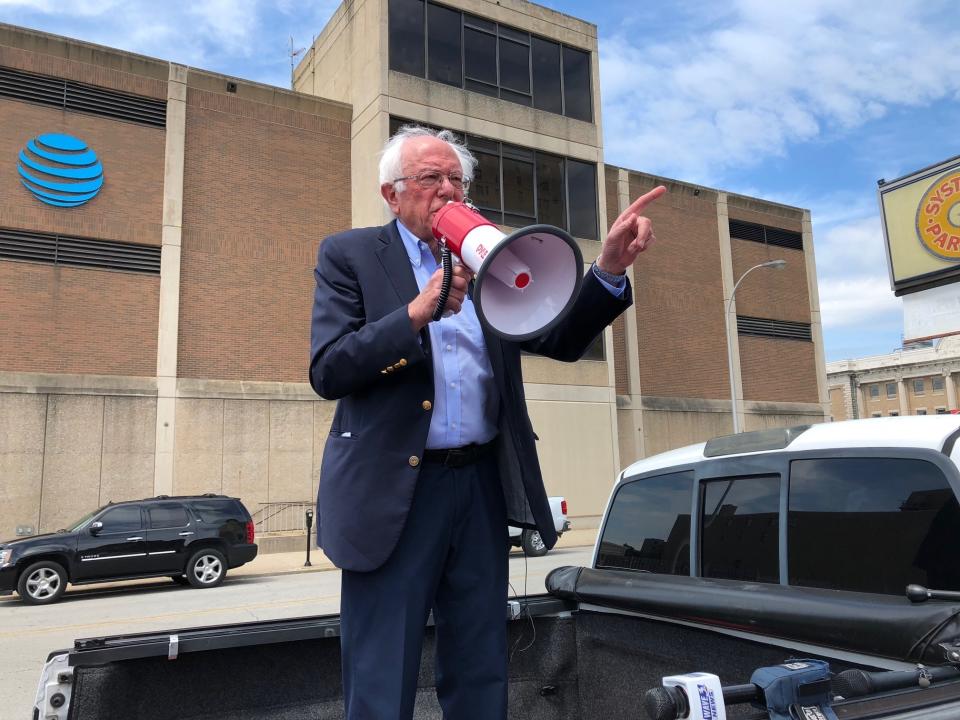 Democratic presidential candidate Bernie Sanders speaks to striking telecommunications workers on Sunday, Aug. 25, 2019, in Louisville, Ky. Sanders showed his support for the striking workers before attending a rally in the hometown of Senate Majority Leader Mitch McConnell. (AP Photo/Bruce Schreiner)