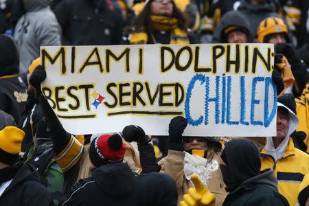 Jan 8, 2017; Pittsburgh, PA, USA; Pittsburgh Steelers fans hold a sign from the stands against the Miami Dolphins during the first half in the AFC Wild Card playoff football game at Heinz Field. Mandatory Credit: Geoff Burke-USA TODAY Sports