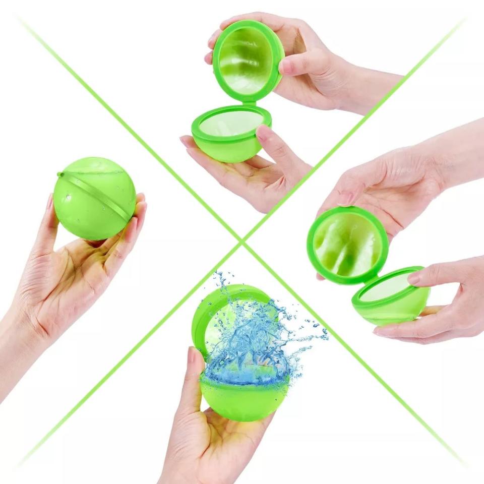 Collage showing a person opening a round green water balloon, revealing its interior, and another image of it splashing water