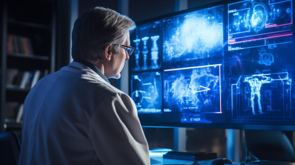 A close up of a doctor observing a monitor displaying genomic alterations of a patient.