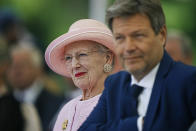 Danish Queen Margrethe and German vice Chancellor Robert Habeck attend the inauguration of the new museum FLUGT (flight) in Oksboel, Denmark, Saturday, June 25, 2022. (Bo Amstrup /Ritzau Scanpix via AP)