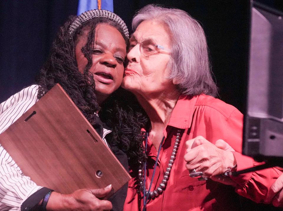 Rep. Gwen Moore and Ada Deer embrace one another as Moore presents Deer with the Chair's Award for Distinguished Service to the Democratic Party of Wisconsin 
 during the WisDems 2023 State Convention Saturday, June 10, 2023, at the Radisson Hotel & Center in Green Bay, Wis.