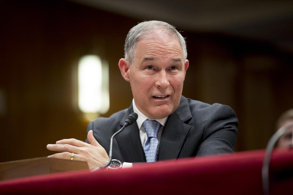 Environmental Protection Agency Administrator Scott Pruitt testifies before a Senate Appropriations subcommittee on the Interior, Environment, and Related Agencies on budget on Capitol Hill in Washington, Wednesday, May 16, 2018. (Andrew Harnik/AP)