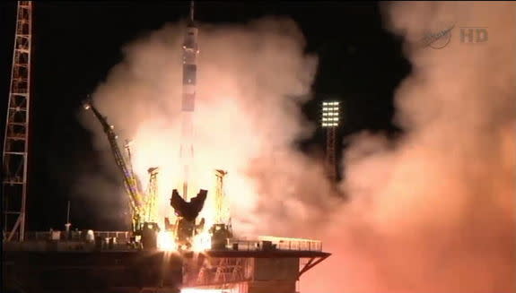 The Soyuz rocket carrying Expedition 35 crew members to the International Space Station launched from Baikonur Cosmodrome in Kazakhstan, March 28, 2013.