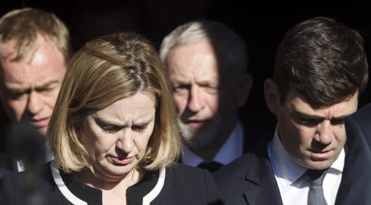 Tim Farron, Amber Rudd, Jeremy Corbyn and Andy Burnham at a vigil in Albert Square outside Manchester Town Hall