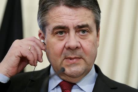 German Foreign Minister Sigmar Gabriel speaks during a news conference with his Greek counterpart Nikos Kotzias (not pictured) following their meeting at the ministry in Athens, Greece, March 23, 2017. REUTERS/Alkis Konstantinidis