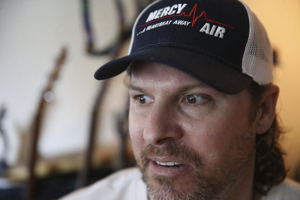 Scott Booth, a former pilot for Papillon Grand Canyon Helicopters, at his parents' home in Long Beach, Calif., Monday, Jan. 13, 2020. Booth was piloting a Papillon tour helicopter when the aircraft crashed, killing five of the six passengers. (Erik Verduzco/Las Vegas Review-Journal via AP)