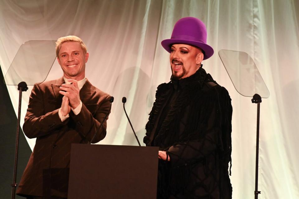 Boy George with Jake Shears at the Evening Standard Theatre Awards (Dave Benett)