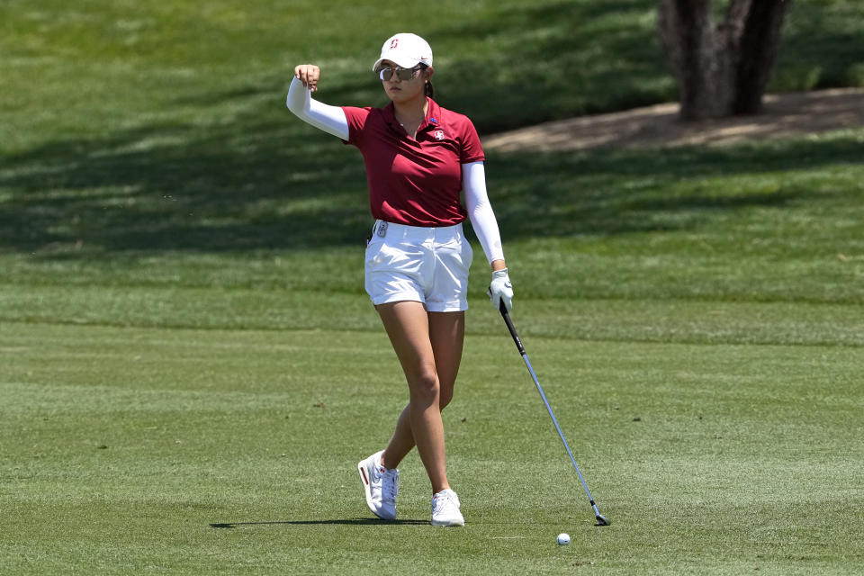 Stanford golfer Rose Zhang check the wind direction on the second fairway during the final round of the NCAA college women's golf championship at Grayhawk Golf Club, Monday, May 22, 2023, in Scottsdale, Ariz. (AP Photo/Matt York)