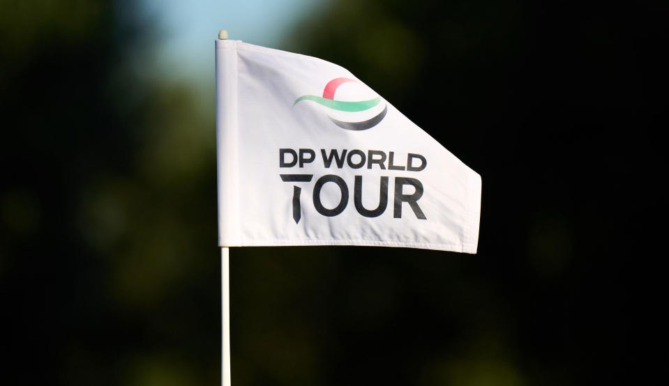 A DP World Tour flag flutters in the wind