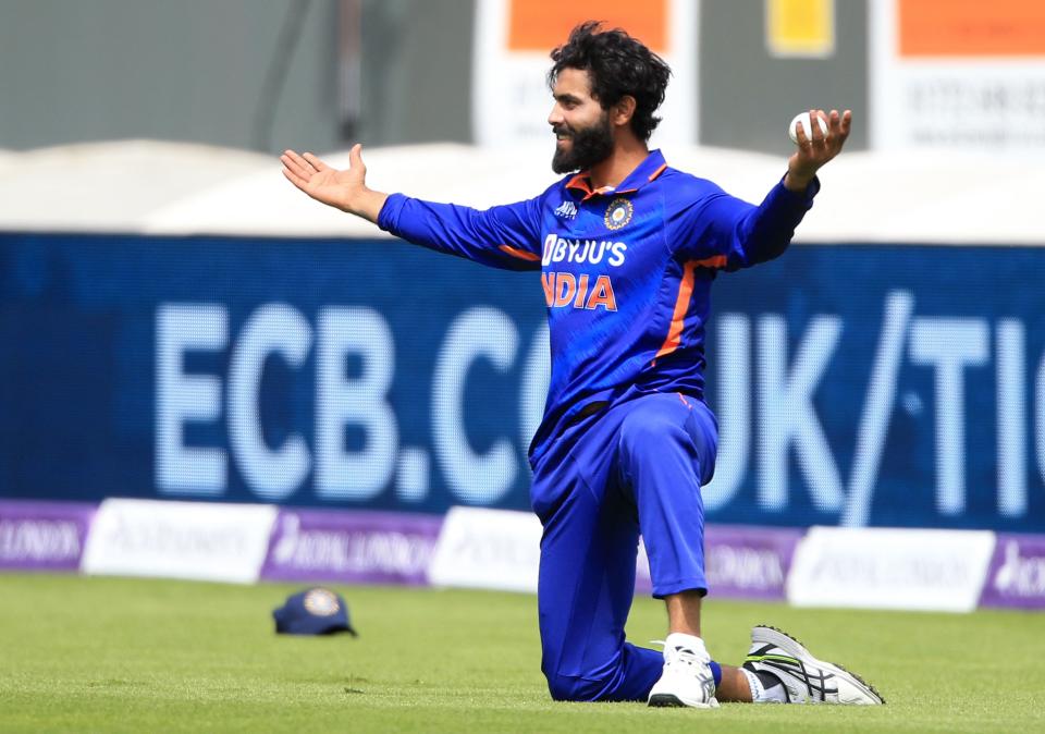 Ravindra Jadeja (pictured) celebrates a catch.