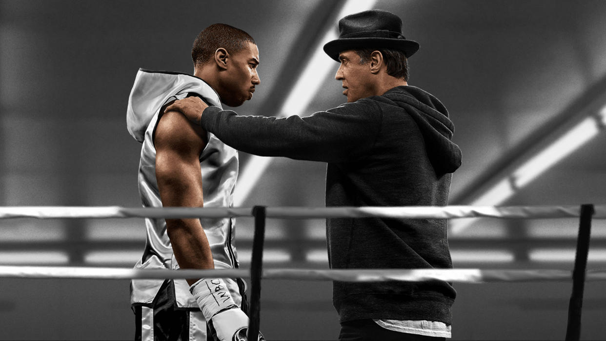  A promotional image of Adonis Creed and Rocky Balboa in a boxing ring in 2015's Creed film, one of May's new Prime Video movies. 