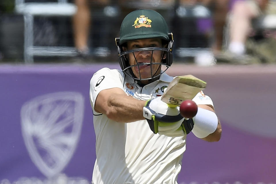 FILE - Australia's captain Tim Paine bats against New Zealand during play in their cricket test match in Melbourne, Australia on Dec. 27, 2019. Paine has quit as captain after admitting on Friday, Nov. 19, 2021, he sent explicit messages to a female co-worker. (AP Photo/Andy Brownbill, File)