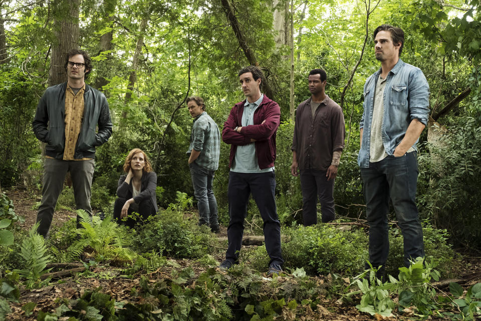 All grown up: Bill Hader as Richie Tozier, Jesssica Chastain as Beverly Marsh, James McAvoy as Bill Denbrough, James Ransone as Eddie Kaspbrak, Isaiah Mustafa as Mike Hanlon, and Jay Ryan as Ben Hascomb in 'It Chapter Two' (Warner Bros. Pictures)