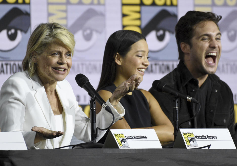 Linda Hamilton, from left, Natalia Reyes and Diego Boneta participate in the "Terminator: Dark Fate" panel on day one of Comic-Con International on Thursday, July 18, 2019, in San Diego. (Photo by Chris Pizzello/Invision/AP)