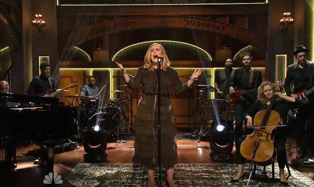 Adele performing in Burberry during “Saturday Night Live.” 