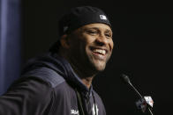 New York Yankees pitcher CC Sabathia answers questions during a news conference before Game 5 of baseball's American League Championship Series against the Houston Astros, Friday, Oct. 18, 2019, in New York. (AP Photo/Seth Wenig)