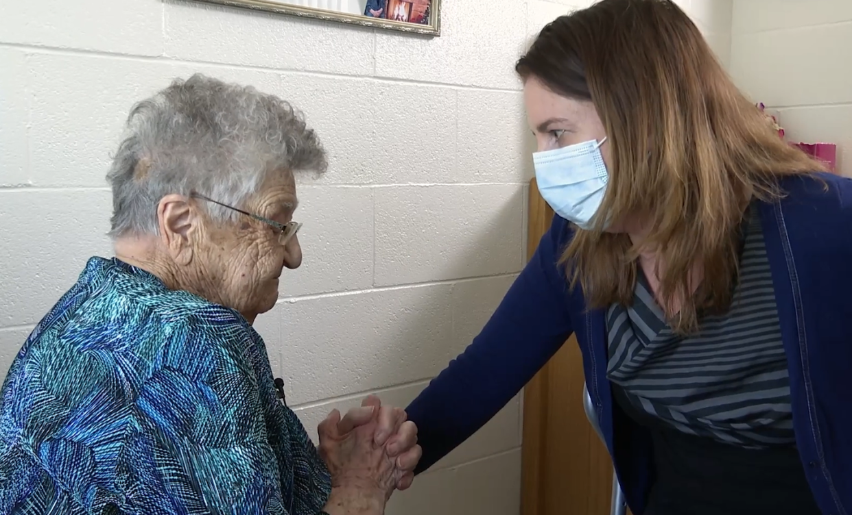 Centenarian Clementina Ripplinger with researcher Heather Nelson. Researchers spoke to very elderly people about what brings them joy and how they plan for the future. (Shane Luhning), Author provided