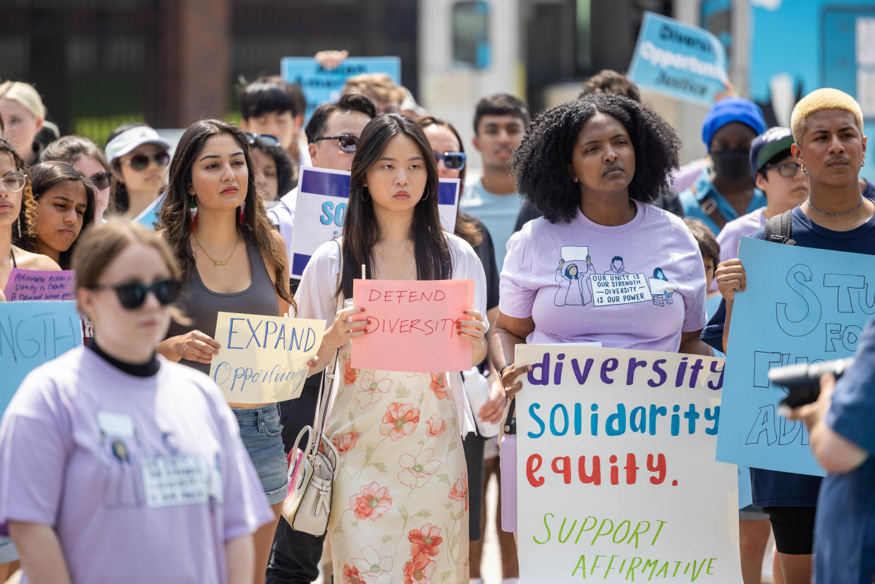 Protesters rally in support of affirmative action on July 1, 2023, in Cambridge, Mass., days after the Supreme Court struck down affirmative action in college admissions.