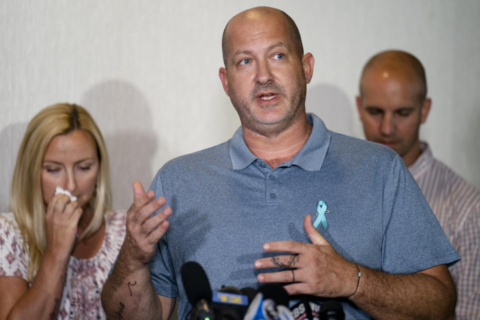 FILE - Joseph Petito, father of Gabby Petito, whose death on a cross-country trip has sparked a manhunt for her boyfriend Brian Laundrie, speaks during a news conference, Tuesday, Sept. 28, 2021, in Bohemia, N.Y. The families of Petito and Laundrie have reached a $3 million settlement in a wrongful death lawsuit filed after authorities concluded he strangled her during a cross-country trip in August 2021. (AP Photo/John Minchillo, File)
