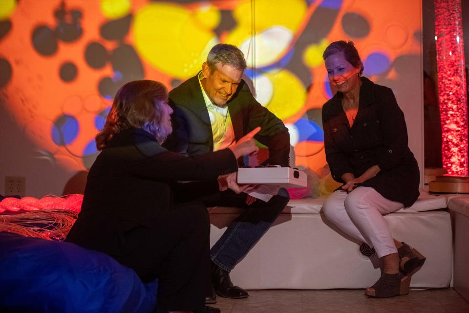 Gov. Bill Lee and First Lady Maria Lee are shown light controls inside the STAR Center's sensory room as part of the Tennessee Serves Project in Jackson, Tennessee on Monday, Aug. 28, 2023.