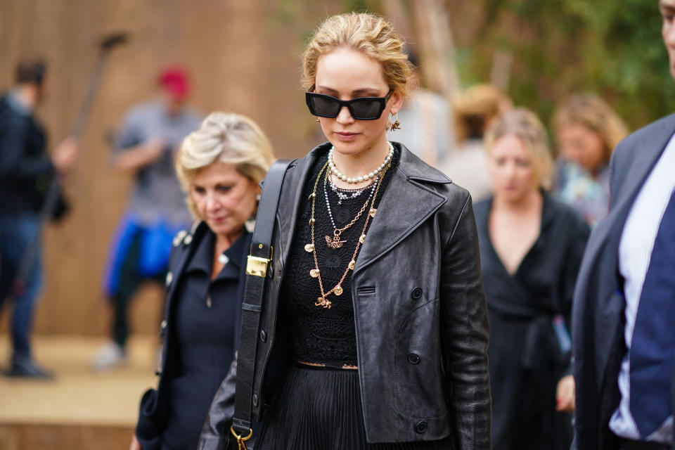 PARIS, FRANCE - SEPTEMBER 24: Jennifer Lawrence is seen, outside Dior, during Paris Fashion Week - Womenswear Spring Summer 2020, on September 24, 2019 in Paris, France. (Photo by Edward Berthelot/Getty Images)