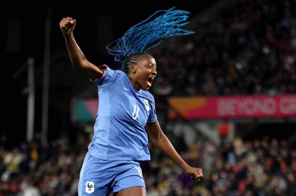 ADELAIDE, AUSTRALIA - AUGUST 08: Kadidiatou Diani of France celebrates after scoring her team's first goal  during the FIFA Women's World Cup Australia & New Zealand 2023 Round of 16 match between France and Morocco at Hindmarsh Stadium on August 08, 2023 in Adelaide / Tarntanya, Australia. (Photo by Cameron Spencer/Getty Images )