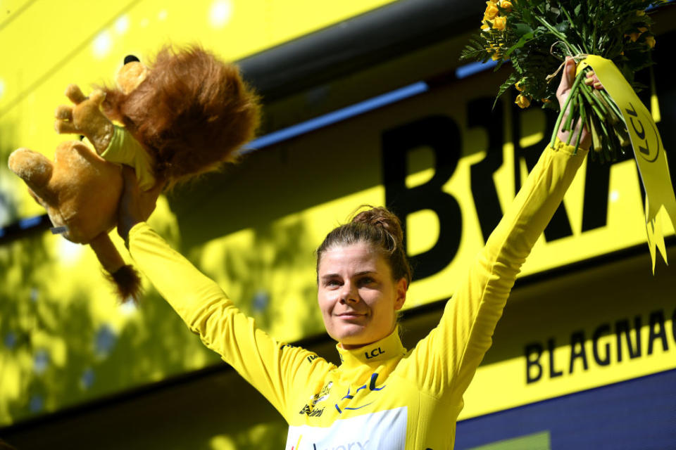 BLAGNAC FRANCE  JULY 28 Lotte Kopecky of Belgium and Team SD Worx  Protime  Yellow Leader Jersey celebrates at podiumduring the 2nd Tour de France Femmes 2023 Stage 6 a 1221km stage from Albi to Blagnac  UCIWWT  on July 28 2023 in Blagnac France Photo by Alex BroadwayGetty Images
