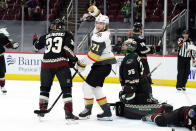 Vegas Golden Knights center William Karlsson (71) celebrates after scoring the game winning goal against the Arizona Coyotes in the third period during an NHL hockey game, Sunday, Jan. 24, 2021, in Glendale, Ariz. (AP Photo/Rick Scuteri)