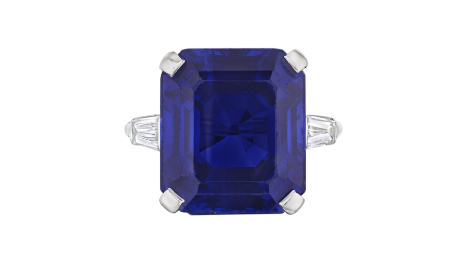 An emerald-cut Kashmir sapphire ring of 23 carats mounted by Cartier