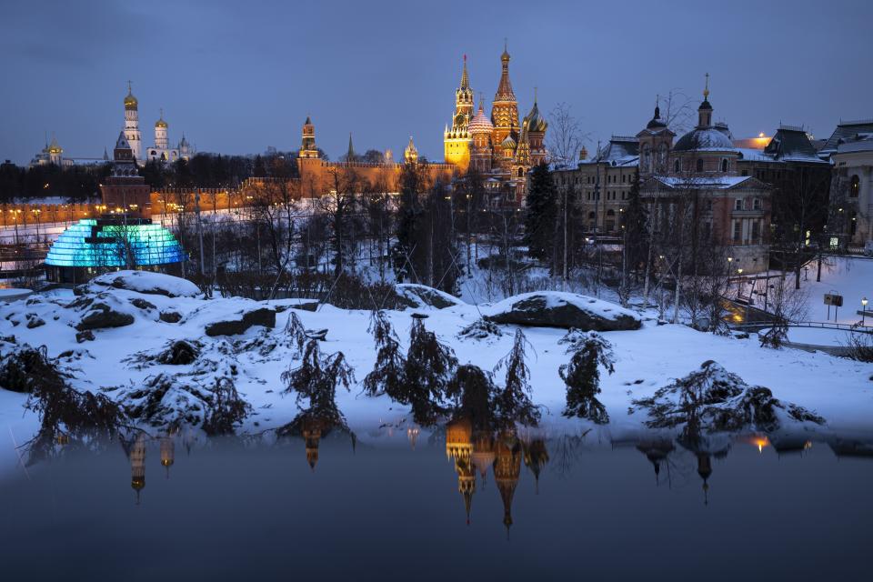 FILE - The Kremlin is seen after sunset from Zaryadye Park near Red Square in Moscow, Russia, March 28, 2022. (AP Photo, File)